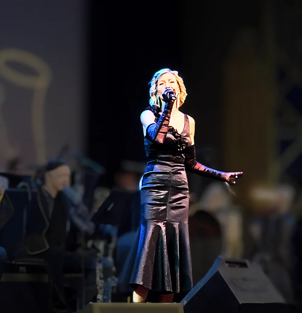 Denise Choate singing at The State Theatre in Modesto with Columbia Jazz Big Band